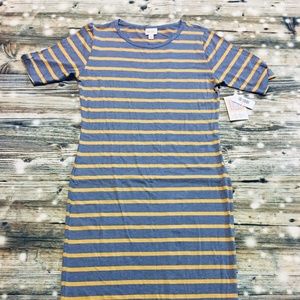 LulaRoe Julia Blue Striped Yellow Large Dress NWT
